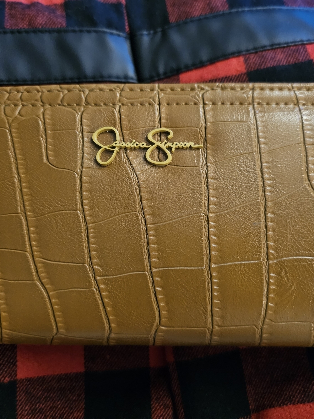 Jessica Simpson Cognac Croc-Embossed Wallet with Gold Logo Plate